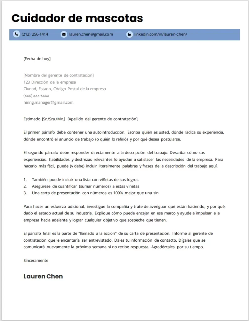 Carta de presentación de un cuidador de mascotas