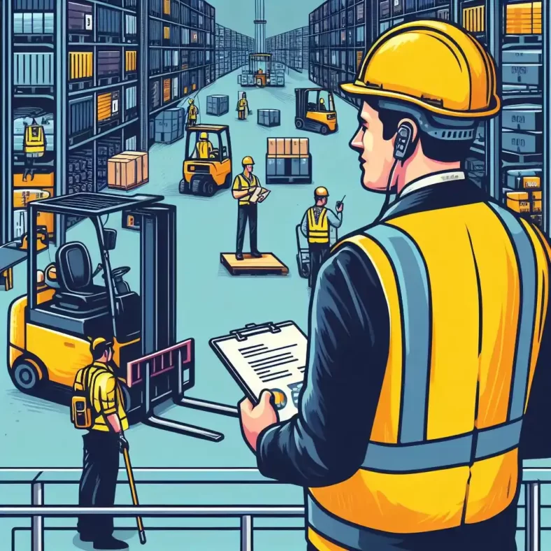 ilustración de un encargado de bodega supervisando el trabajo en un almacén