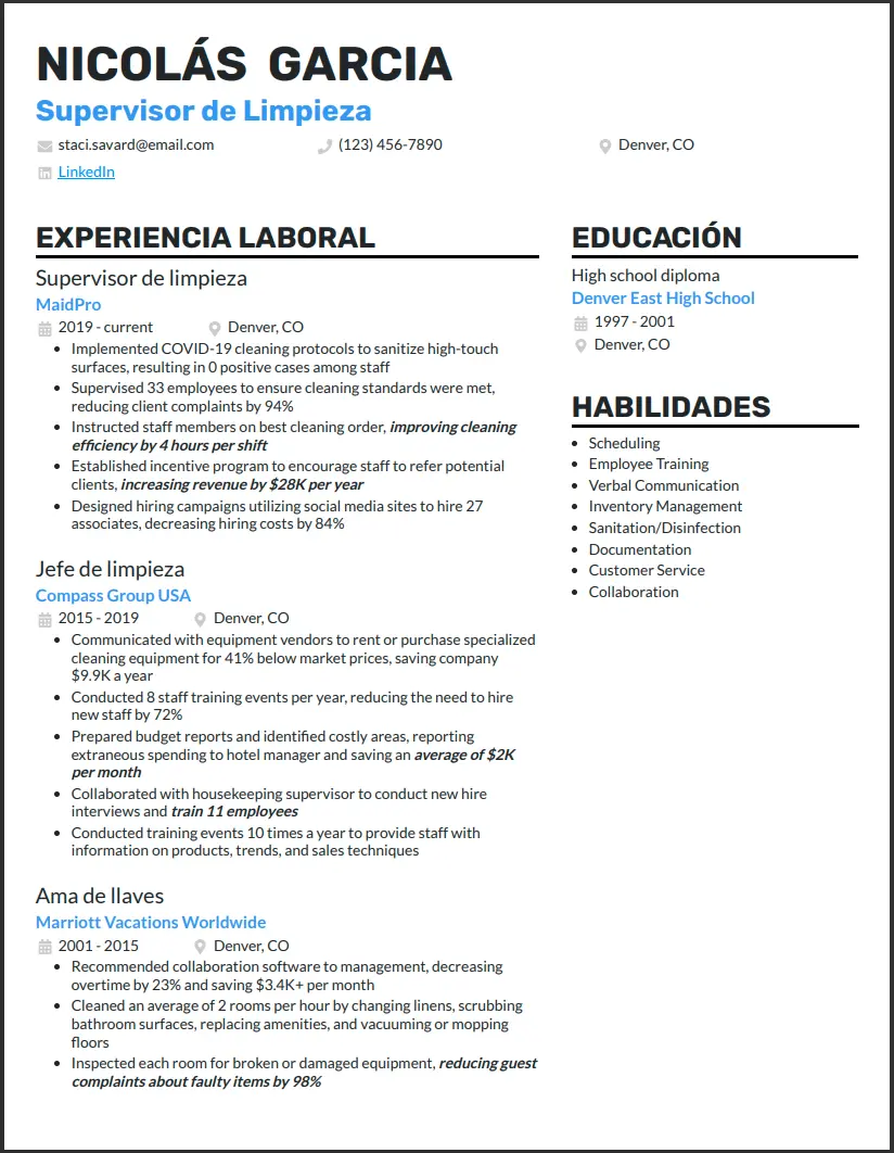 Ejemplo de currículum de supervisor de limpieza: Consejos + Plantilla Ejemplo de currículum de supervisor de limpieza